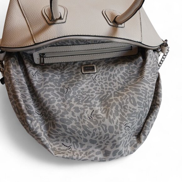 GUESS Garland Ivory Faux Pebbled Leather Tote Bag – Leopard Lining, Silver Chain - Picture 11 of 16